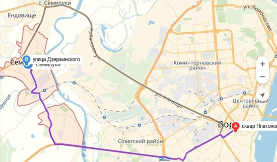 Карта маршрута из Семилук в Воронеж